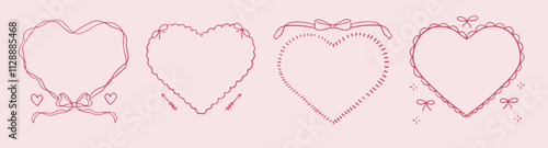Set of outline scallop frame border in vintage doodle style. Retro frame with wavy border and bow. Brush hand drawn heart shape