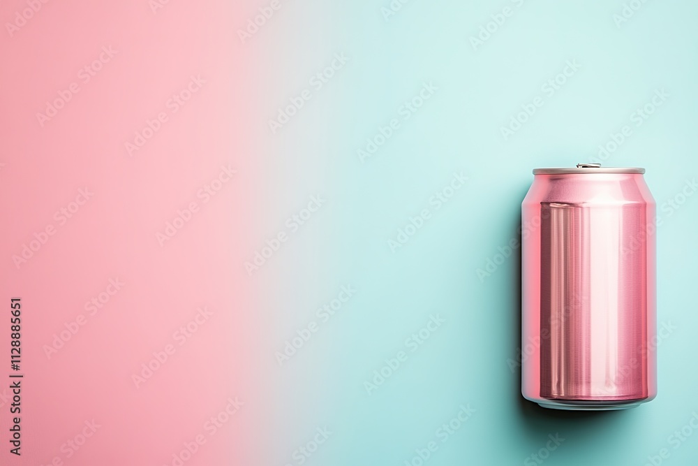 Fototapeta premium Pink soda can on teal background, minimal design, soft shadow.