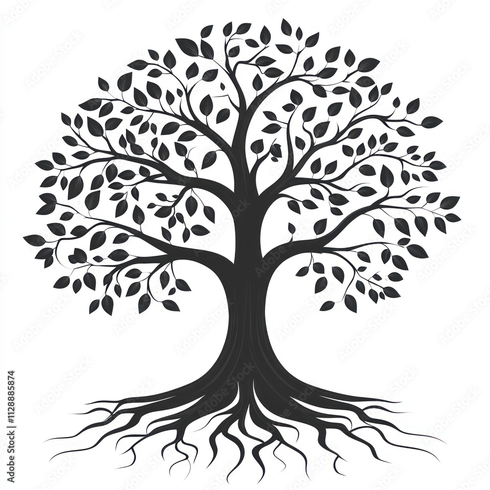 Obraz premium Black and white illustration of a large tree with extensive roots.