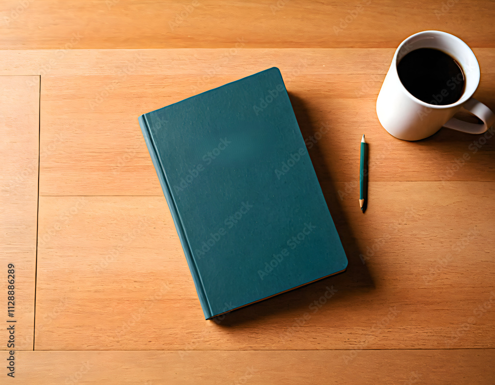Book mockup with teal cover, pencil, and coffee cup on wooden table Book mockup with teal cover, pencil, and coffee cup on wooden table