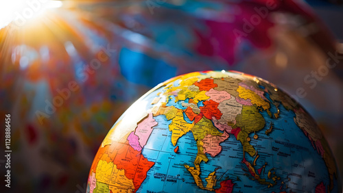 Sunlight shining on a multicolored globe in close-up