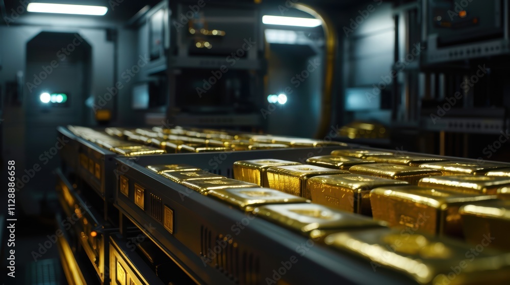 Gold Bars Stacked Inside Secure Vault in Dark Room with Lighting Gold Bars Stacked Inside Secure Vault in Dark Room with Lighting