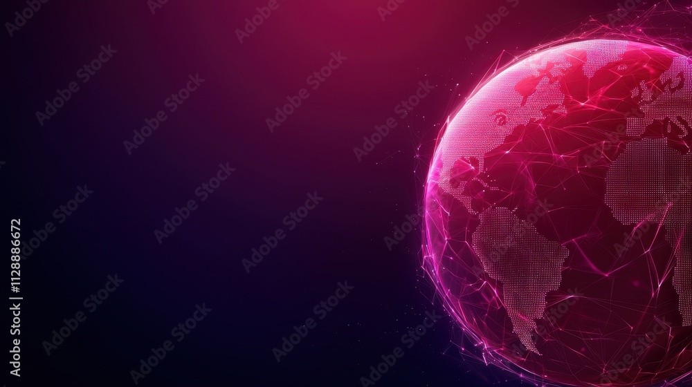 Fototapeta premium A vibrant digital globe with a glowing pink hue, set against a dark background, representing technology and global connectivity.