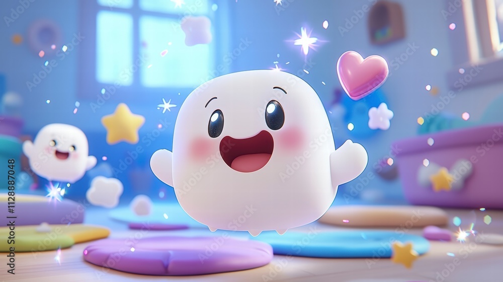 Cute 3D Cartoon Ghost Flying in a Child's Room Cute 3D Cartoon Ghost Flying in a Child's Room