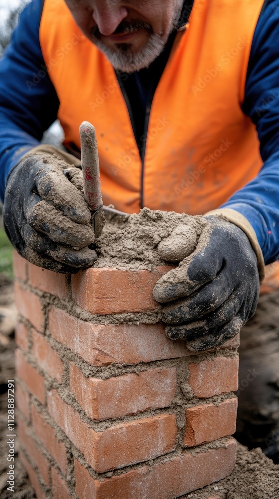 Two construction workers expertly lay red bricks on a side wall, showcasing skillful craftsmanship in bright daylight Two construction workers expertly lay red bricks on a side wall, showcasing skillful craftsmanship in bright daylight