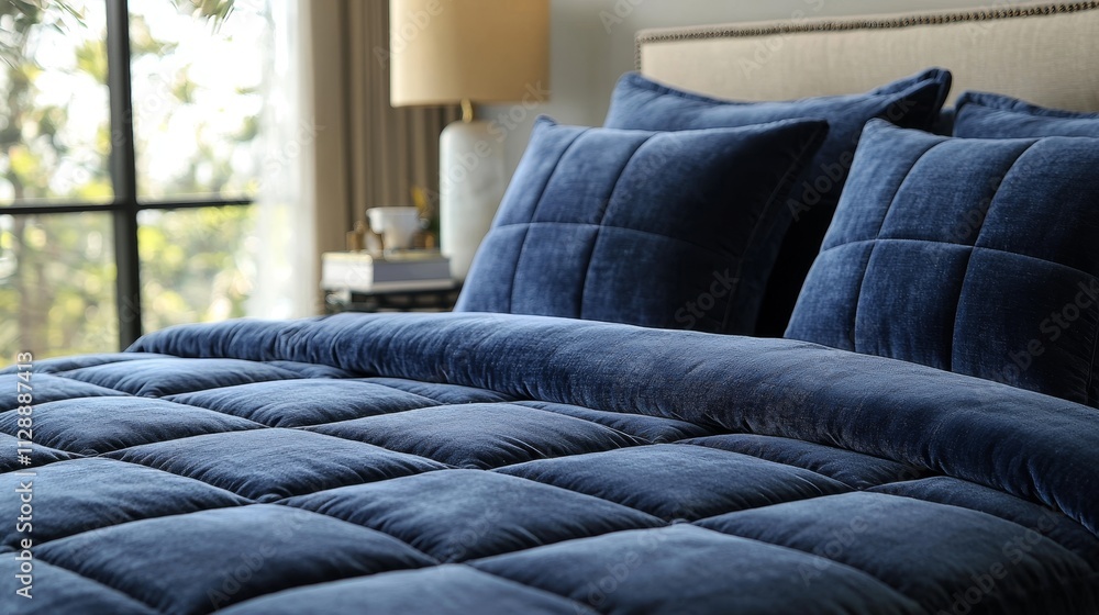 Cozy blue bedding arrangement enhances modern bedroom decor with soft textures and natural light Cozy blue bedding arrangement enhances modern bedroom decor with soft textures and natural light