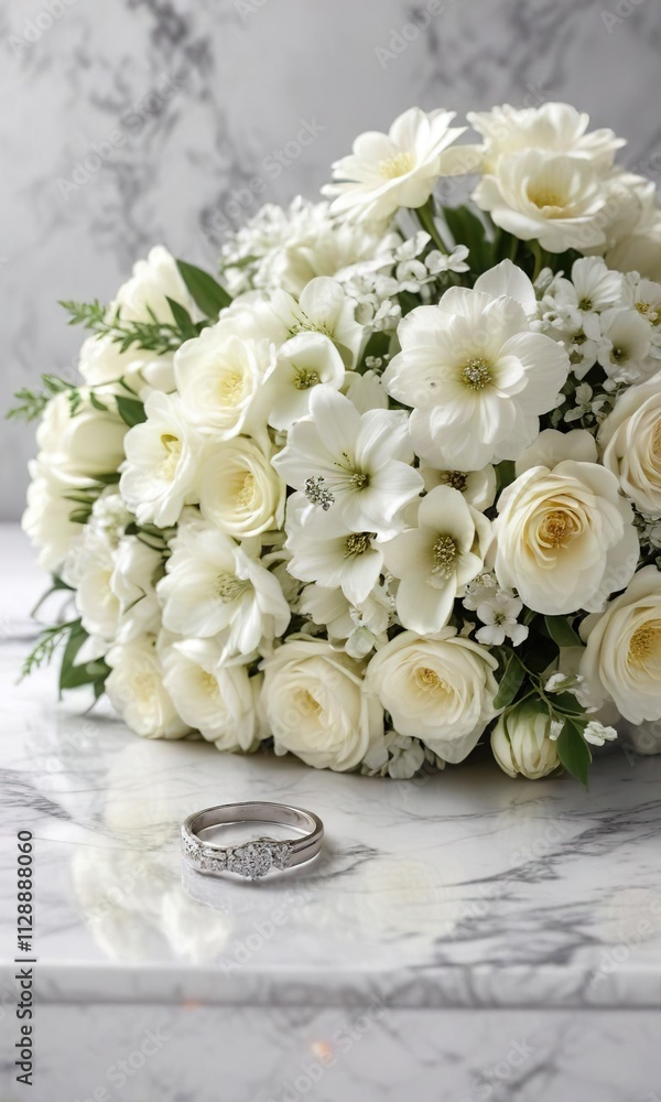 Diamond ring and white flower bouquet in a circular arrangement on a marble table, table, arrangement, sophisticated Diamond ring and white flower bouquet in a circular arrangement on a marble table, table, arrangement, sophisticated