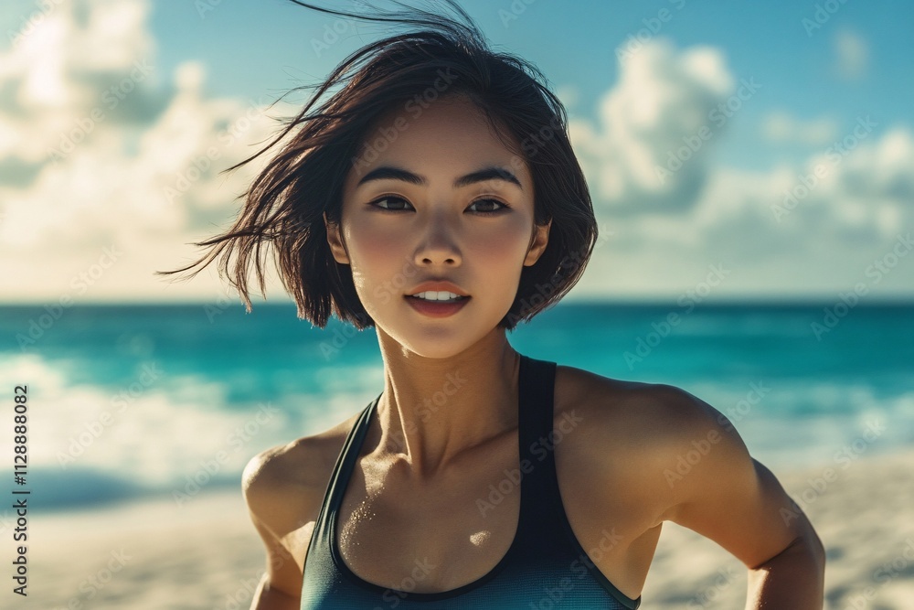 A hyperrealistic close-up of an Asian woman with short bob hair running along Cancun’s breezy beach in the afternoon, wearing high-end athletic wear, sharp light 2 A hyperrealistic close-up of an Asian woman with short bob hair running along Cancun’s breezy beach in the afternoon, wearing high-end athletic wear, sharp light 2