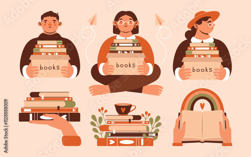 Book lover set. Collection of vector isolated illustrations with cartoon persons, woman, man with box full of books. Stack of books with cup, leaves, berries. Flat Design. Cute clip arts for book day.