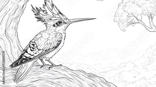 Detailed line drawing of a crested bird perched on a branch, overlooking a mountain landscape. photo