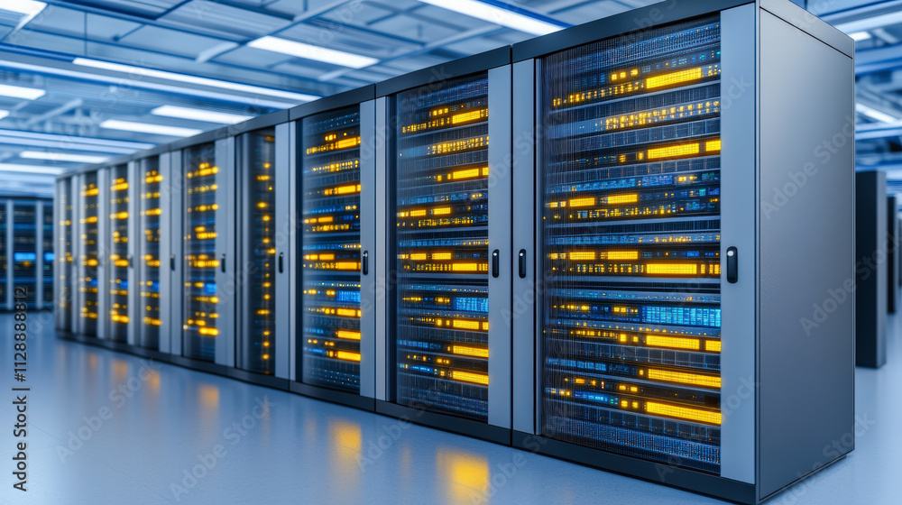A modern data center with rows of server racks, illuminated with yellow and blue lights, showcasing advanced technology infrastructure in a secure, controlled environment. A modern data center with rows of server racks, illuminated with yellow and blue lights, showcasing advanced technology infrastructure in a secure, controlled environment.