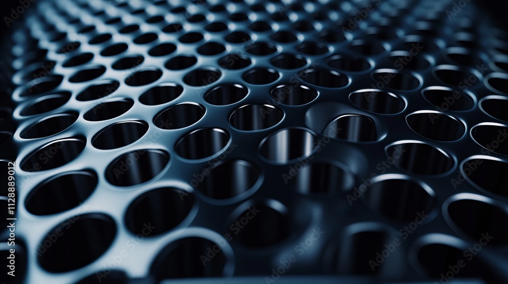 Obraz premium Abstract close-up of perforated metal surface with circular holes, showcasing an intricate pattern and industrial aesthetic.