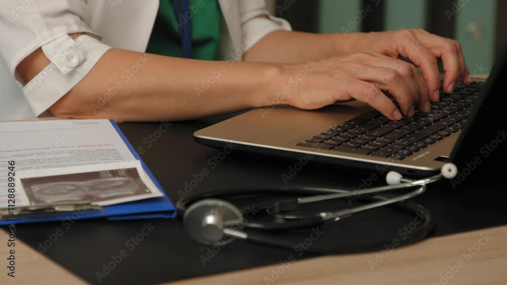 Close-up of mature female general practitioner in uniform analyzing medical checkup, working on laptop , making diagnosis and treatment plan at clinic. Close-up of mature female general practitioner in uniform analyzing medical checkup, working on laptop , making diagnosis and treatment plan at clinic.