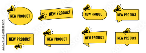 Megaphone with new product speech bubble. Loudspeaker. Banner for business, marketing and advertising. Vector illustration.