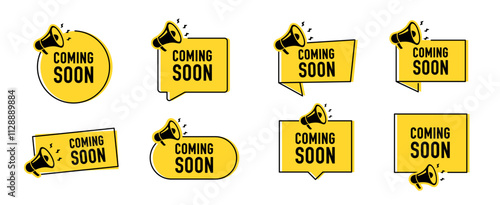 Megaphone with Coming soon speech bubble. Loudspeaker. Banner for business, marketing and advertising. Vector illustration.