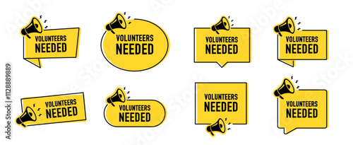Megaphone with volunteers needed speech bubble. Loudspeaker. Banner for business, marketing and advertising. Vector illustration.