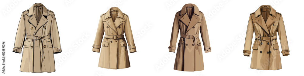 Four stylish beige trench coats. on transparent cutout, PNG file Four stylish beige trench coats. on transparent cutout, PNG file
