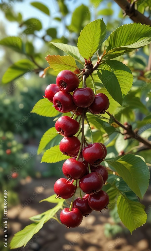 A few ripe cherry berries on a branch in the garden, cherries, juicy cherries A few ripe cherry berries on a branch in the garden, cherries, juicy cherries