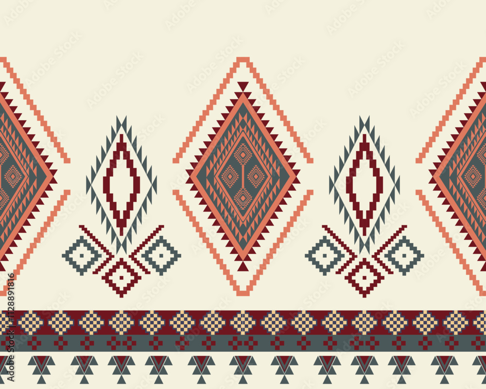 Embroidered cross-stitch ethnic fabric Geometric ornament ethnic pattern design. Use for fabric, textile, interior decoration elements, upholstery, and wrapping. Embroidered cross-stitch ethnic fabric Geometric ornament ethnic pattern design. Use for fabric, textile, interior decoration elements, upholstery, and wrapping.