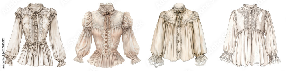 Obraz premium Elegant collection of vintage blouses with intricate designs and details. on transparent cutout, PNG file