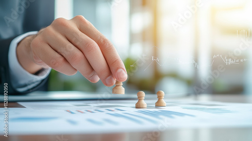 A hand strategically places a chess piece on a document with graphs, symbolizing planning, analysis, and decision-making in a business setting. photo