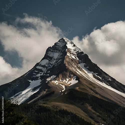 A majestic snow-capped mountain peak surrounded by lush green forests and dramatic clouds.