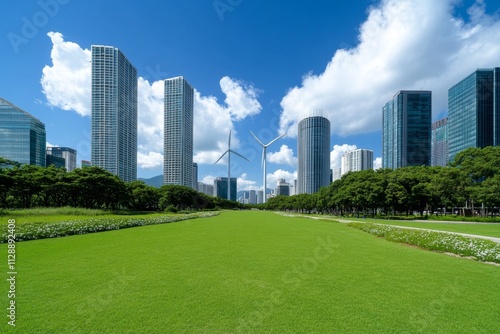 A unique design of wind turbines with curved blades positioned in an urban park photo