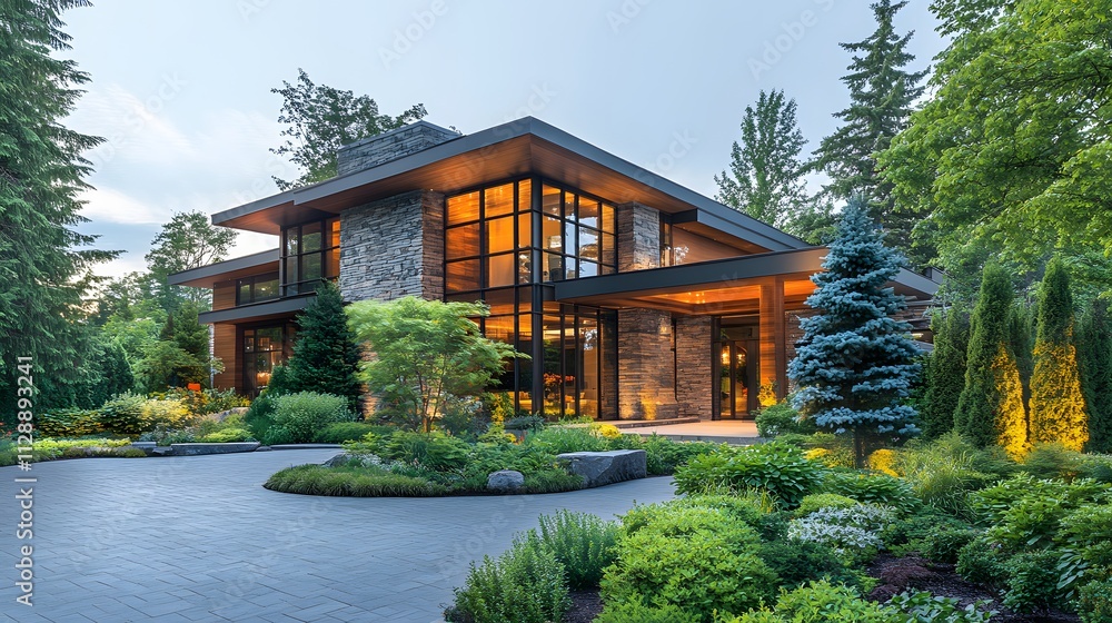 Contemporary luxury residence features geometric architecture with clean lines, complemented by landscaped garden, blue spruce trees and natural stone elements in sophisticated design. Contemporary luxury residence features geometric architecture with clean lines, complemented by landscaped garden, blue spruce trees and natural stone elements in sophisticated design.