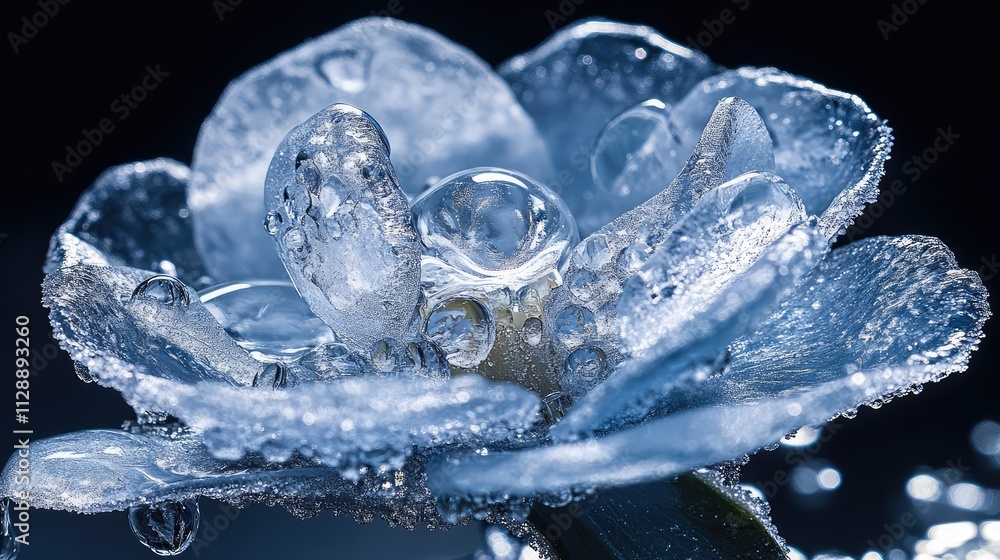 A close-up shot of a single flower encased in ice, with frozen droplets of water clinging to the petals and reflecting light A close-up shot of a single flower encased in ice, with frozen droplets of water clinging to the petals and reflecting light