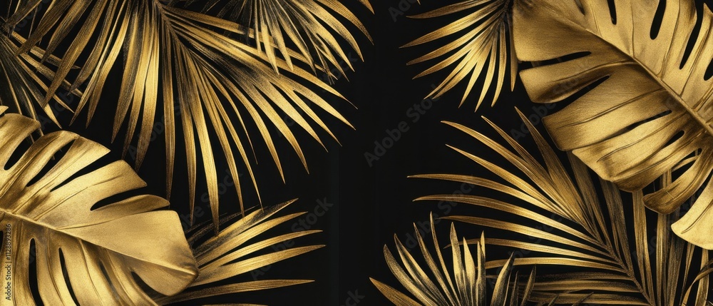 Luxurious Golden Tropical Leaves on Black Background Elegant Exotic Foliage Luxurious Golden Tropical Leaves on Black Background Elegant Exotic Foliage