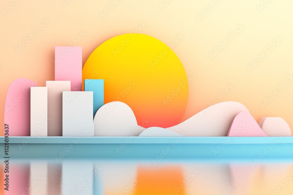 An abstract illustration of a rising sun over a clean, geometric landscape with soft pastel tones An abstract illustration of a rising sun over a clean, geometric landscape with soft pastel tones