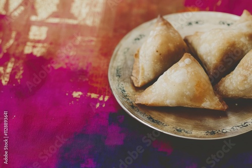 Delicious hamantaschen on decorative plate for Purim celebration photo