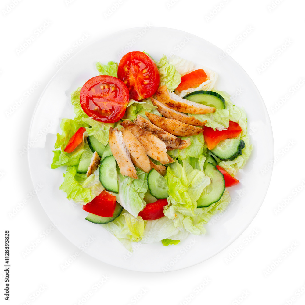 Caesar salad with chicken and fresh vegetables, top view, isolated. Caesar salad with chicken and fresh vegetables, top view, isolated.