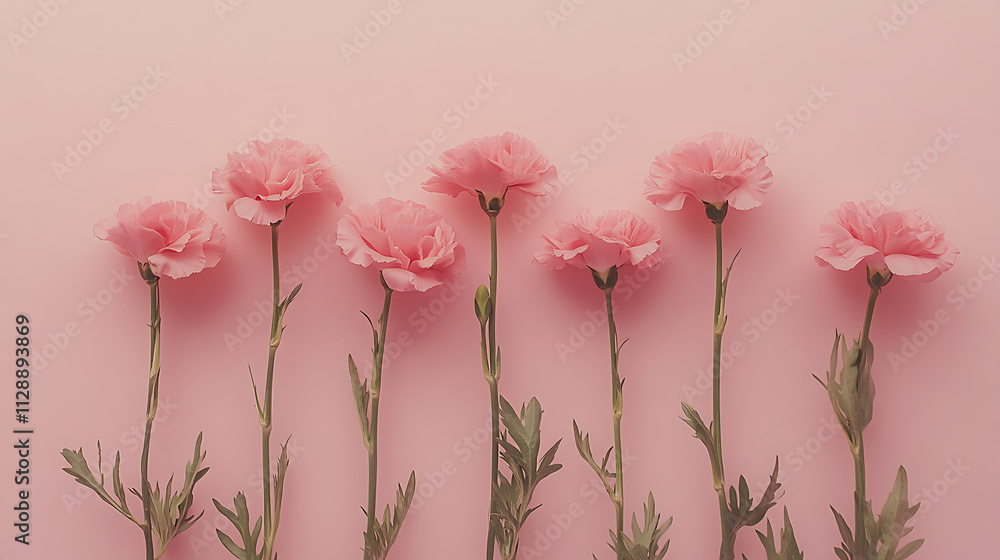 Minimalist design featuring a row of pink carnations placed horizontally on a pale pastel pink background Minimalist design featuring a row of pink carnations placed horizontally on a pale pastel pink background