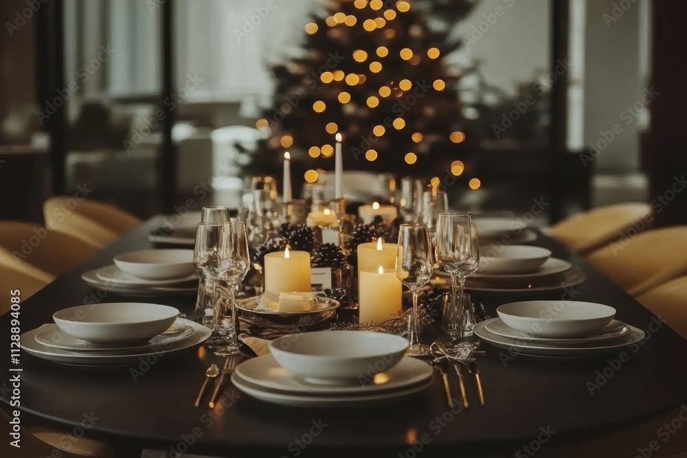 Elegant holiday dinner table setting with fine china and candlelit ambiance Elegant holiday dinner table setting with fine china and candlelit ambiance