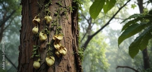 A trailing stem of Aristolochia gigantea crawling up a tree trunk, forest floor, aristolochia photo