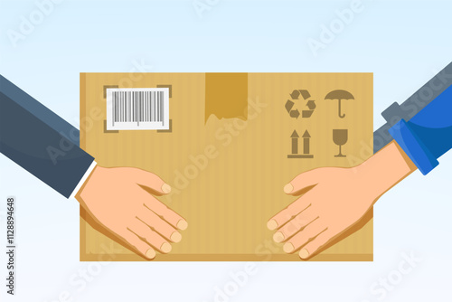Courier hands over the parcel box to the buyer. Vector illustration