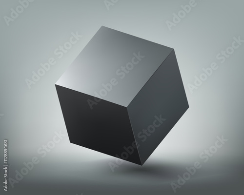 Black cube shape with copy space. On dark background. Vector mockup