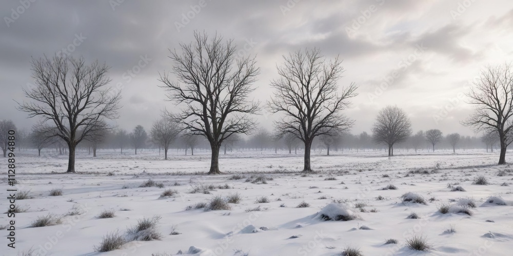 Fototapeta premium Bare trees and snow-covered field under a grey sky, winter countryside, cold weather, frozen ground