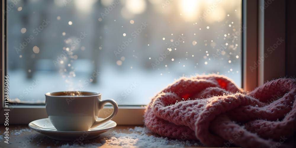 Cozy window scene with a cup of hot beverage and a warm scarf in snowy weather Cozy window scene with a cup of hot beverage and a warm scarf in snowy weather