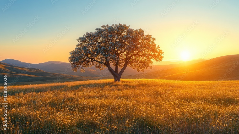 Serene Sunset Over Vibrant Golden Field with Majestic Lone Tree and Rolling Hills in the Background, Capturing the Tranquility of Nature's Beauty Serene Sunset Over Vibrant Golden Field with Majestic Lone Tree and Rolling Hills in the Background, Capturing the Tranquility of Nature's Beauty