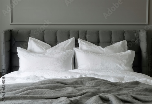 Cozy Bed with White Pillows and Gray Bedding photo