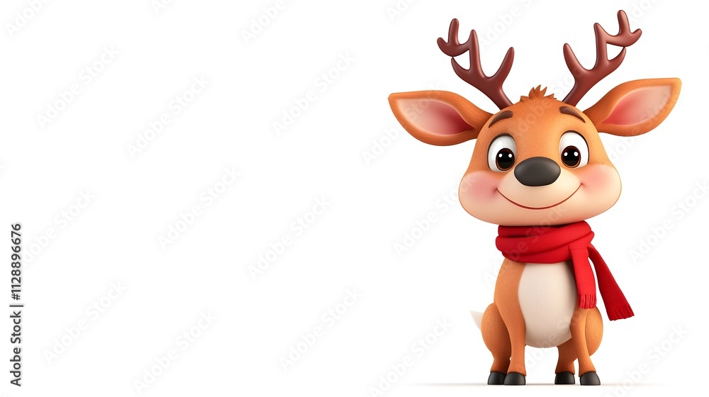 Cute cartoon reindeer character wearing a red scarf with antlers isolated on white background Cute cartoon reindeer character wearing a red scarf with antlers isolated on white background