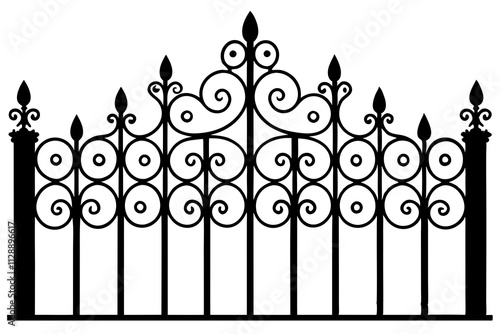 Wrought Iron Fence Silhouette on White Background - Elegant Boundary Design