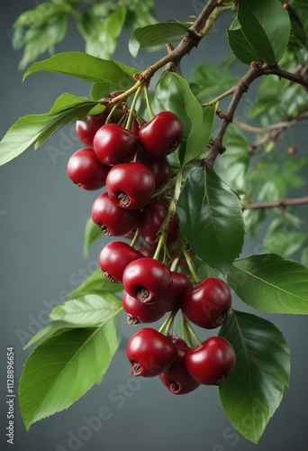 Coffee cherries ripening on a green branch with leaves , texture, fruit