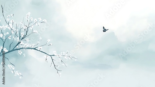 Delicate White Blossoms And A Bird In Flight