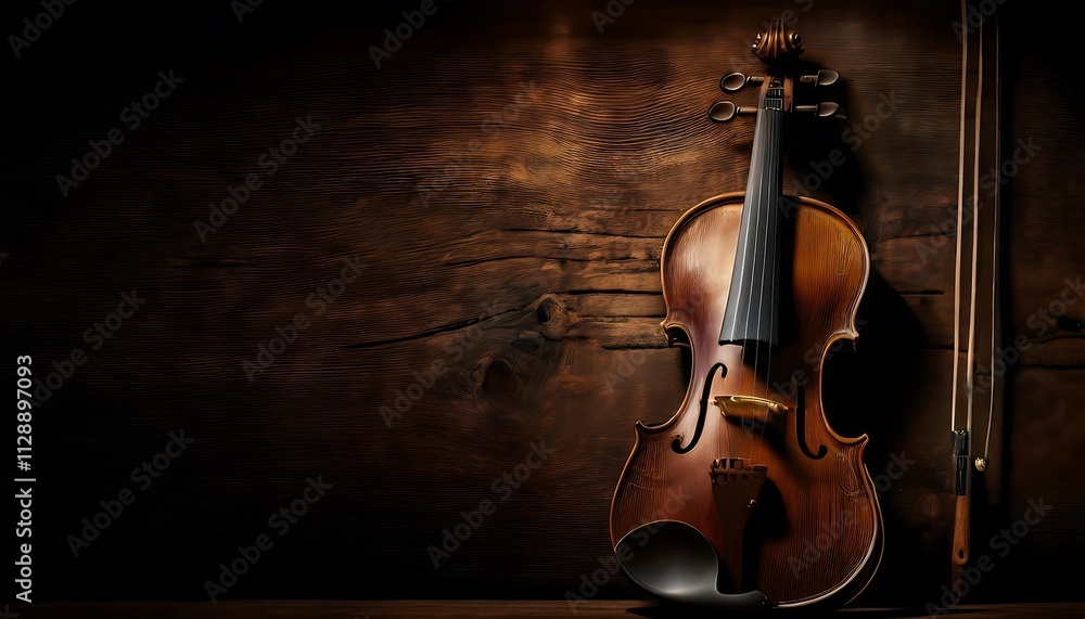 Fototapeta premium A violin and bow resting on a wooden surface.