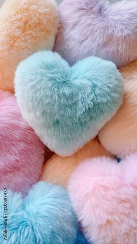 Pastel blue fluffy heart close-up closeup among pink blue peach hearts for Valentine