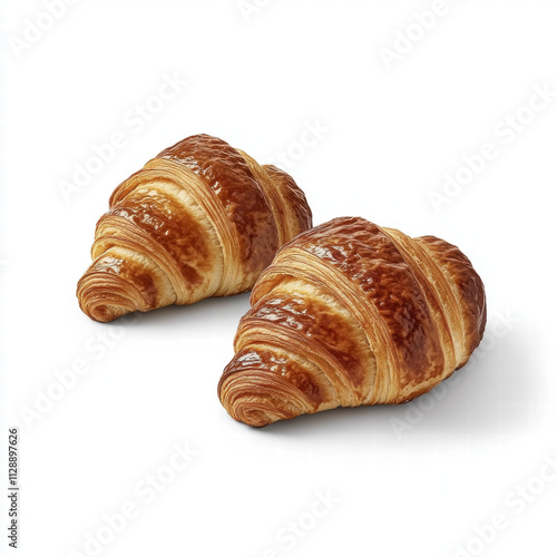 Two golden, flaky croissants with glossy finish are placed on white background, showcasing their buttery layers and inviting texture