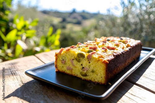 A French cake aux olives with lardons, sliced to reveal a moist yellow crumb, on a dark plate on a sunny terrace with garden and olive trees